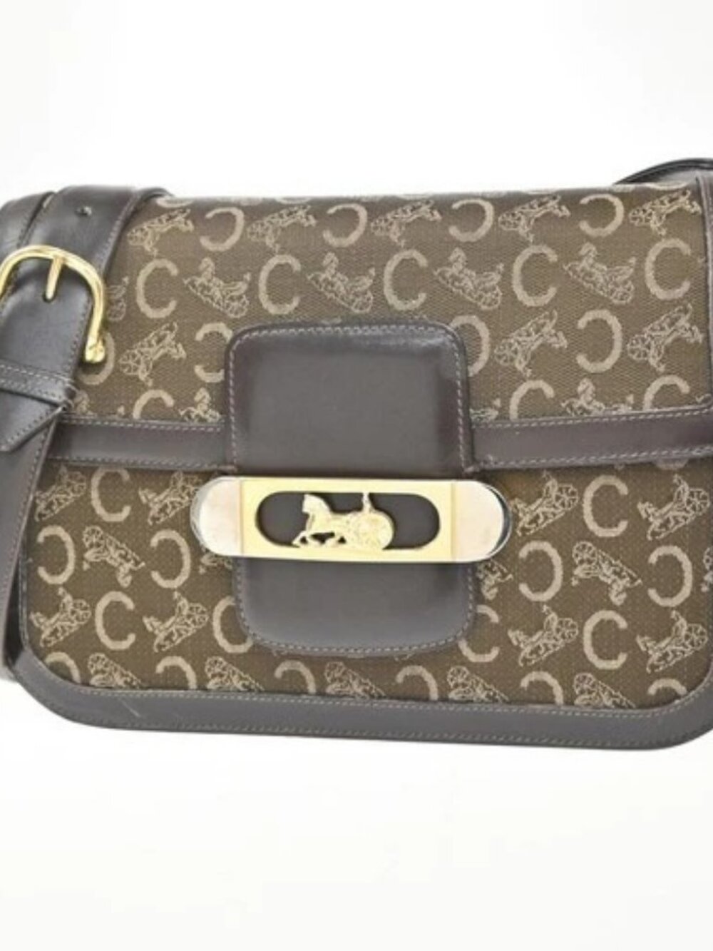 CELINE Logo C Macadam Horse Carriage Shoulder Bag Canvas Leather Brown 34KP553 - Picture 1 of 16